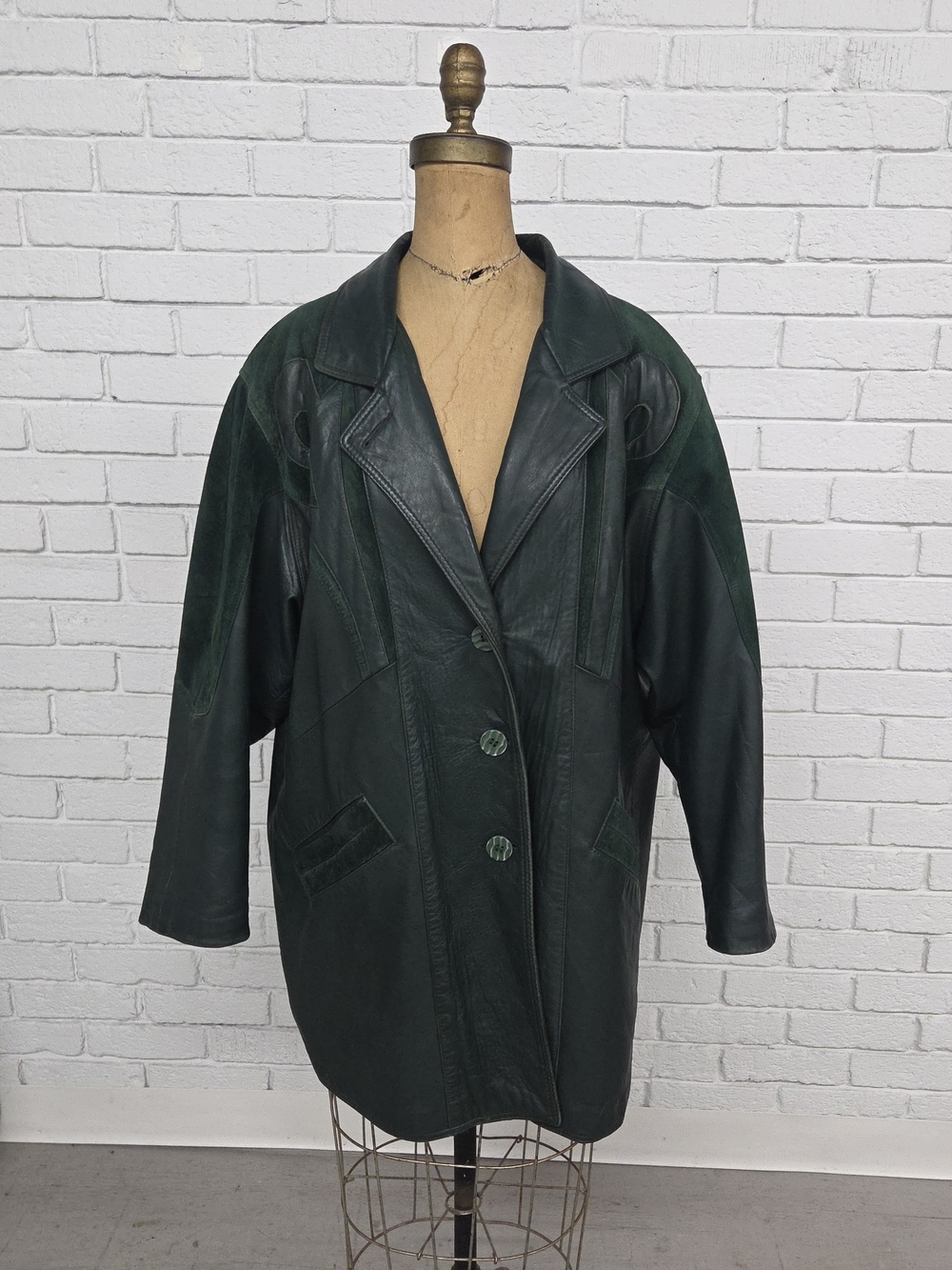 Dark Green Leather Button-Front Coat
